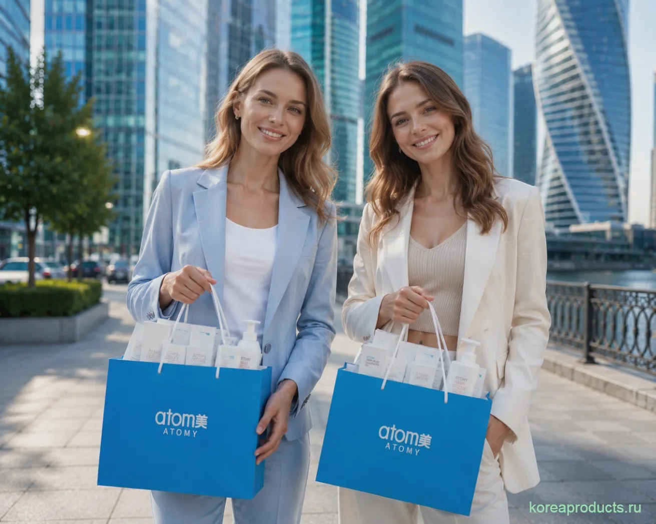 Две девушки с продукцией ATOMY в брендовых пакетах